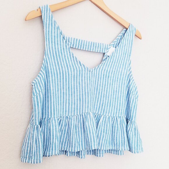 Abound Linen Blend Crop Top S Blue White Striped Peplum Crop Ruffle Sleeveless - Picture 3 of 14